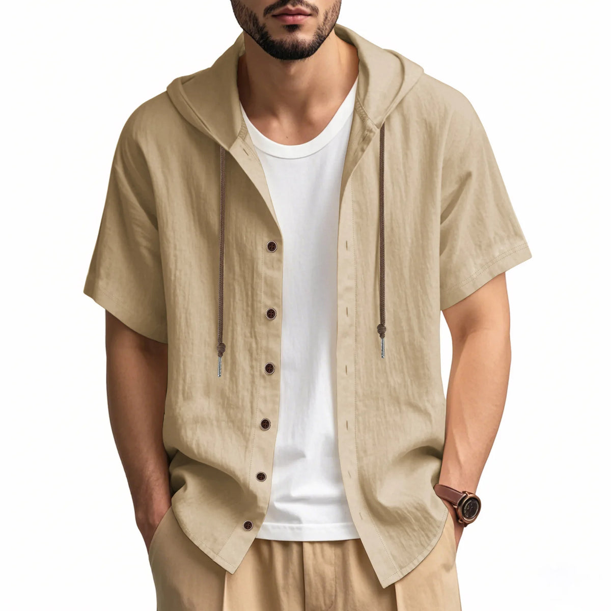 American Summer Men's Thin Breathable Linen Ami Kaji Loose Hooded Short-sleeved Shirt Men