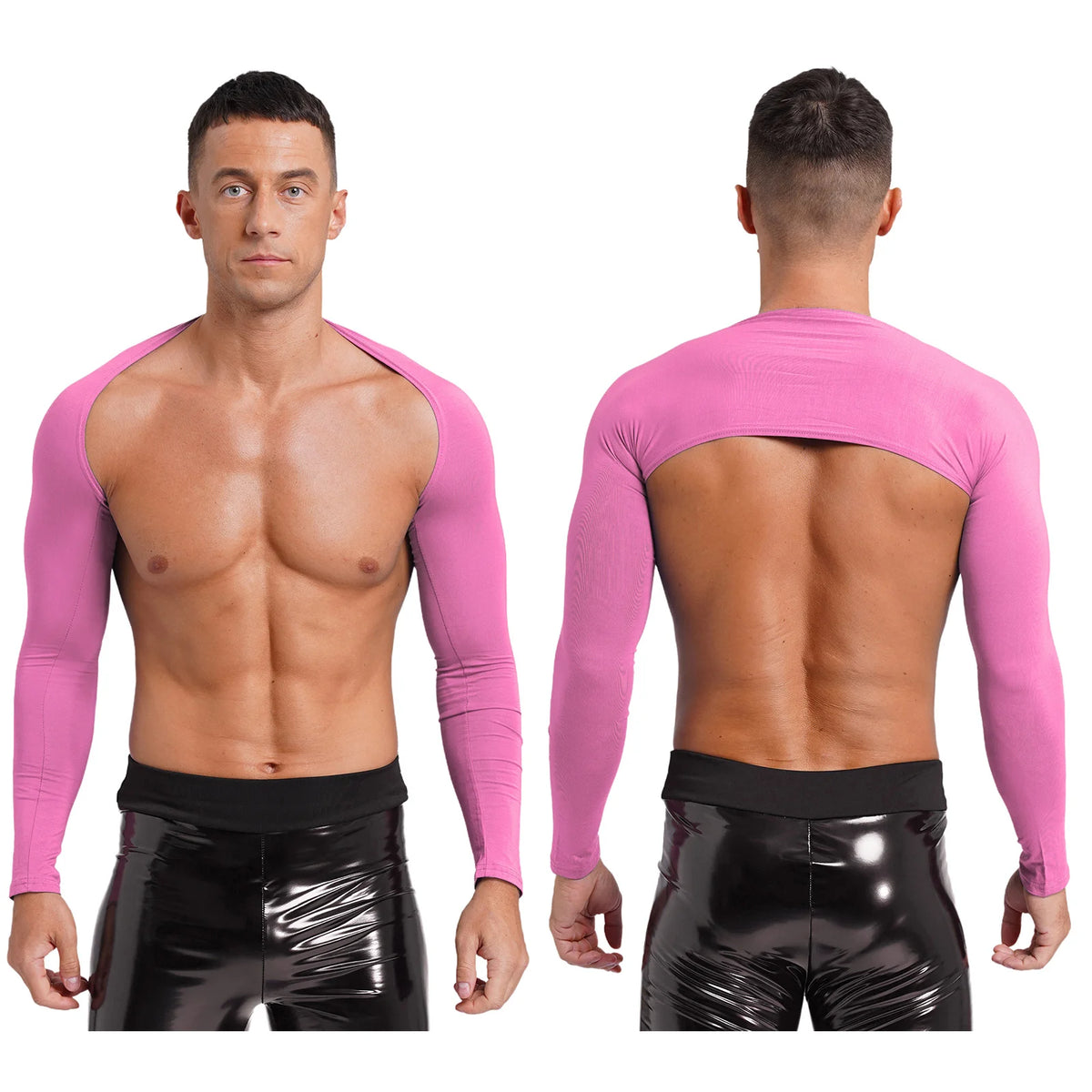 Men Open Front Half Crop Top Solid Long Sleeve Cardigan Bolero Shrug Tops Muscle Arm Sleeves Workout Sports Gym Tops Clubwear