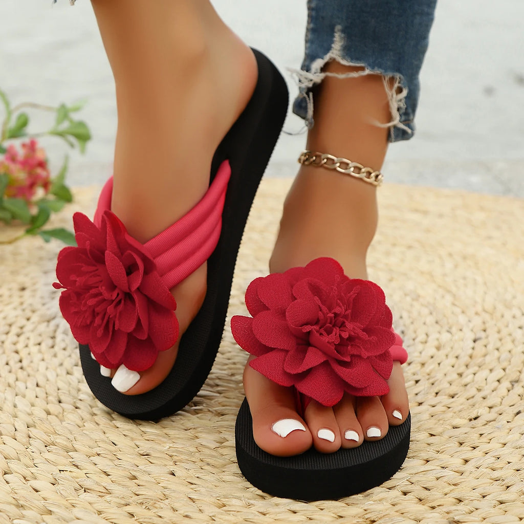 36-44 Women's Handmade Flower Decorated Flip Flops Slippers for Beach Vacation Casual Comfortable Flat Sandals Red Shoes