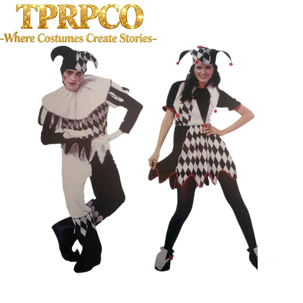 Halloween Carnival Costumes Funny Fun Cosplay Black and White Splicing Clown Costume with Hat for Man Women Innovative Set