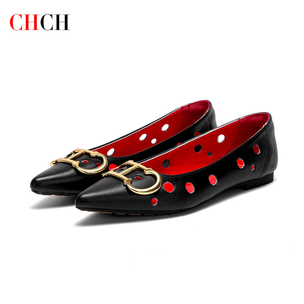 CHCH Women's Flat Shoes 2025 New Punching Design Pointed Women's Shoes Simple Anti slip