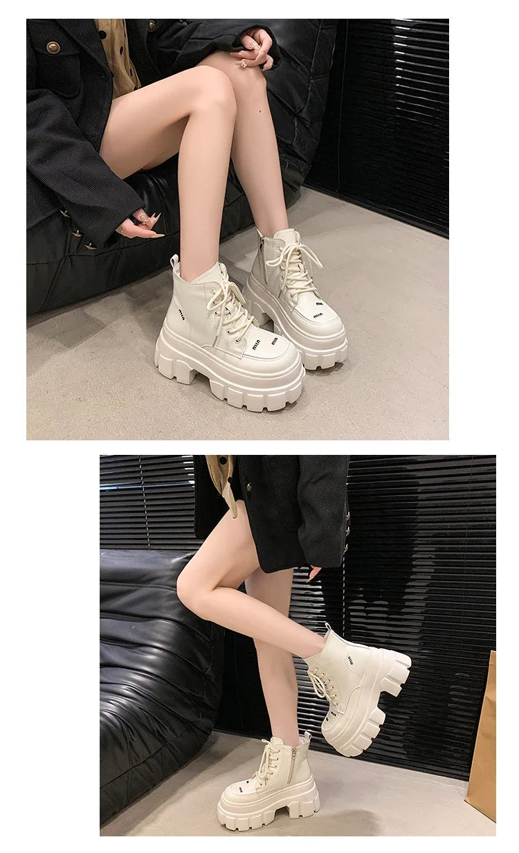 9CM Autumn High Platform Leather Boots Wedge Heels Ankle Boots Winter Women Lace-up Warm Shoes Motorcycle Chunky Sneakers Woman