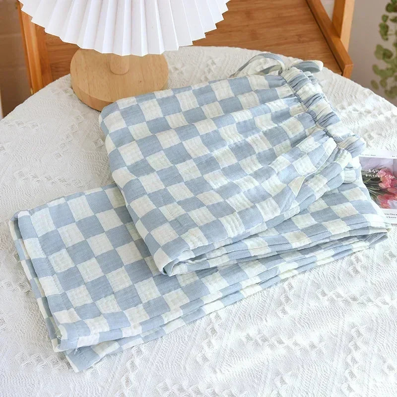 Spring New Pajamas Pants for Women Crepe 100% Cotton Loose Casual Straight Trousers Home Clothes Checkerboard Sleep Pants