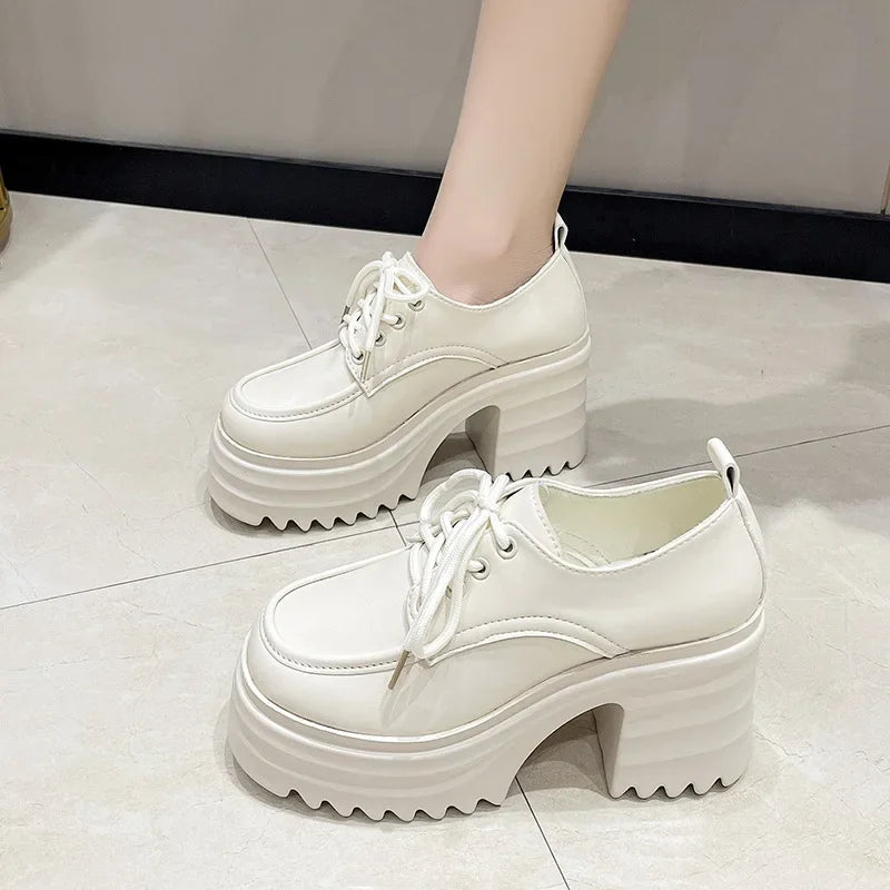 Gothic Chunky High Heels Loafers for Woman New Leather Platform Loafers Female Solid Color Thick Heeled Lolita Shoes 2024
