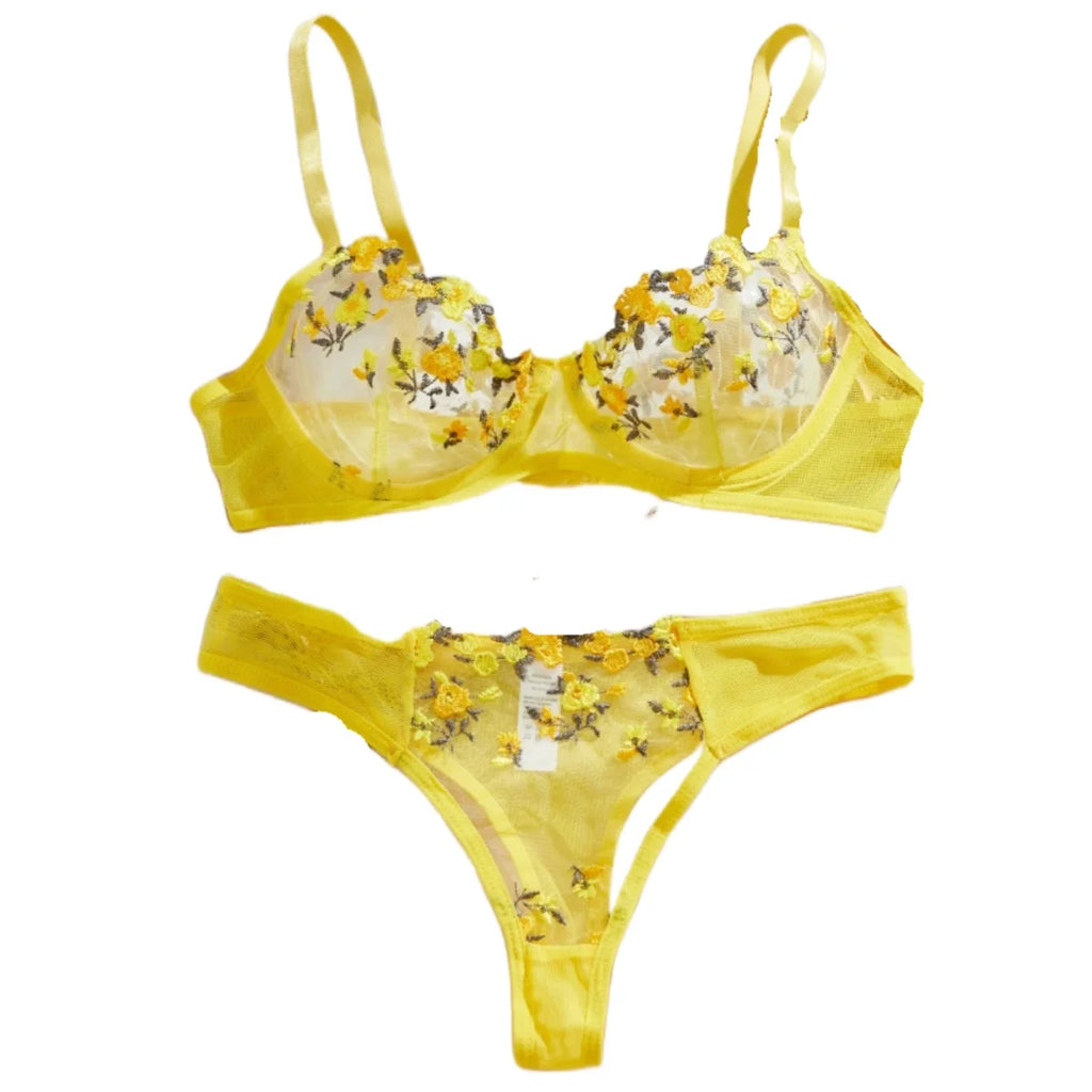 Valentine's Day Lingerie Ultra Sexy Yellow Flower Embroidery Sheer Bra And Panty Set Thin Cup Women's Bikini 2 Piece Underwear