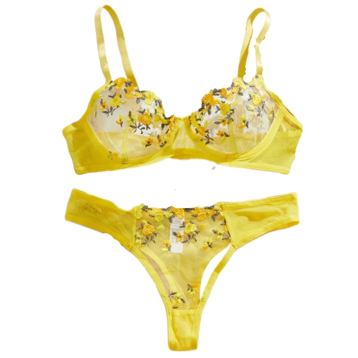 Valentine's Day Lingerie Ultra Sexy Yellow Flower Embroidery Sheer Bra And Panty Set Thin Cup Women's Bikini 2 Piece Underwear