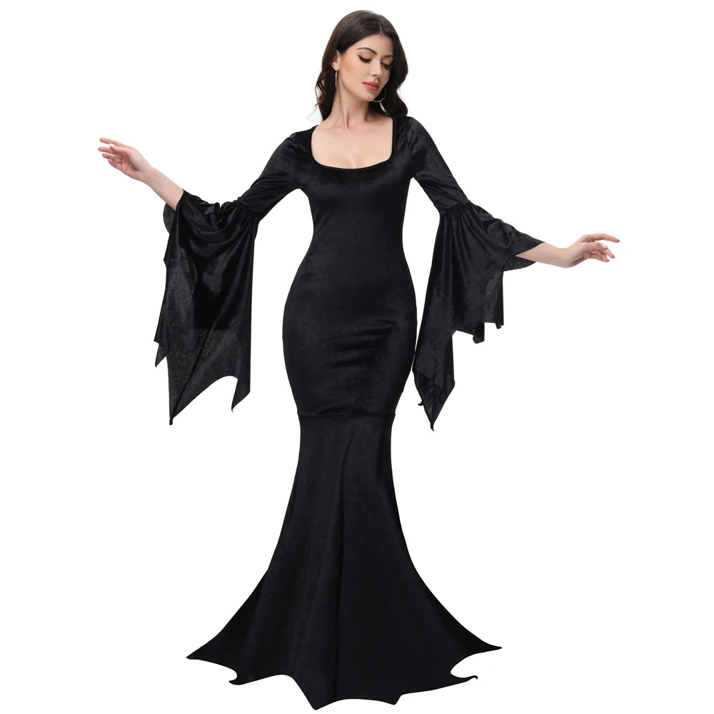 [You're My Secret] Halloween Morticia Adams Primate Black Family Dress Gothic Fishtail Dress Flared Sleeve Bodycon Vestido