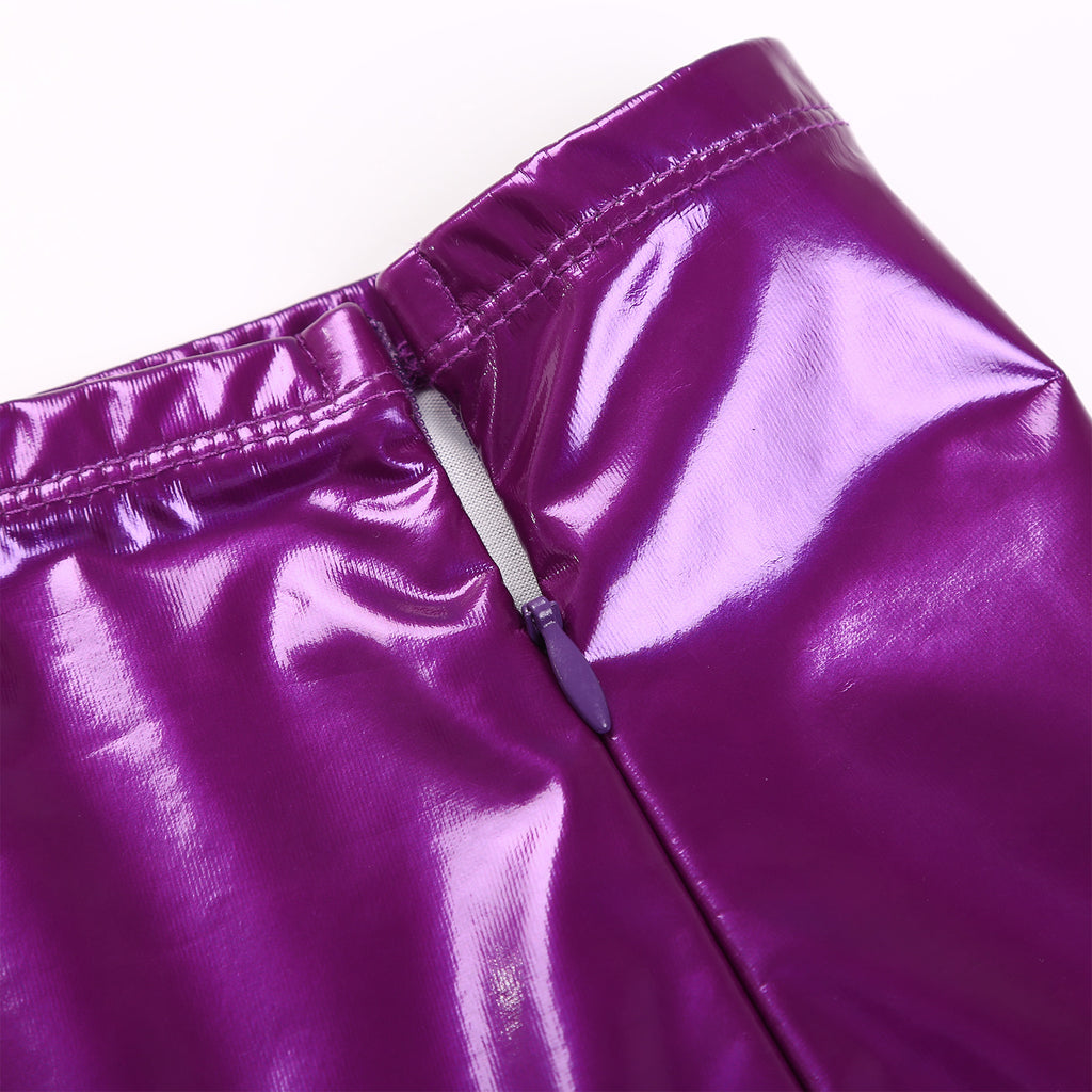 Sexy Women Wetlook PVC Leather Ruffled Skirts Party Low Waist Built-in Thongs Mini Skirt with Garter Belts Metal Clips Set Club