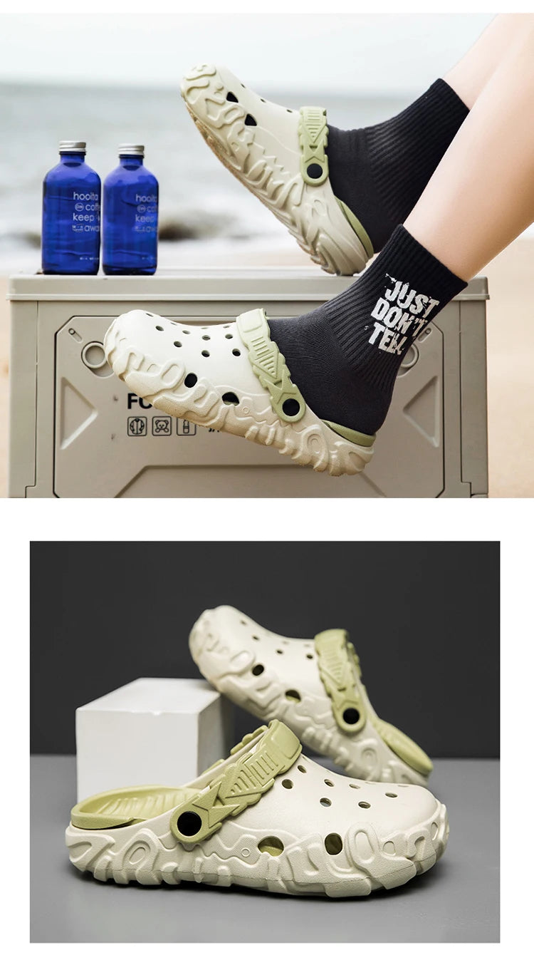Hollow-Out Shoes for Men, Summer Outdoor Wear, Non-Slip, Wear-Resistant, Closed-Toe Sandals, Men's Beach Casual Sports Soft-Soled Slippers