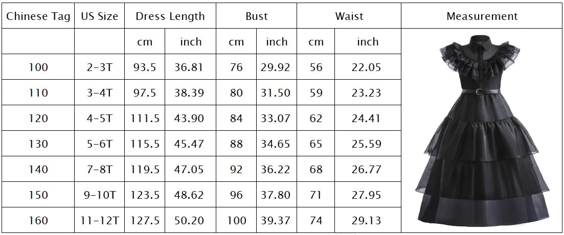 2026 Halloween Festival Popular Black Dress Girls Cosplay Short Sleeve Ruffles Clothing With Belt + Accessories Set Gift