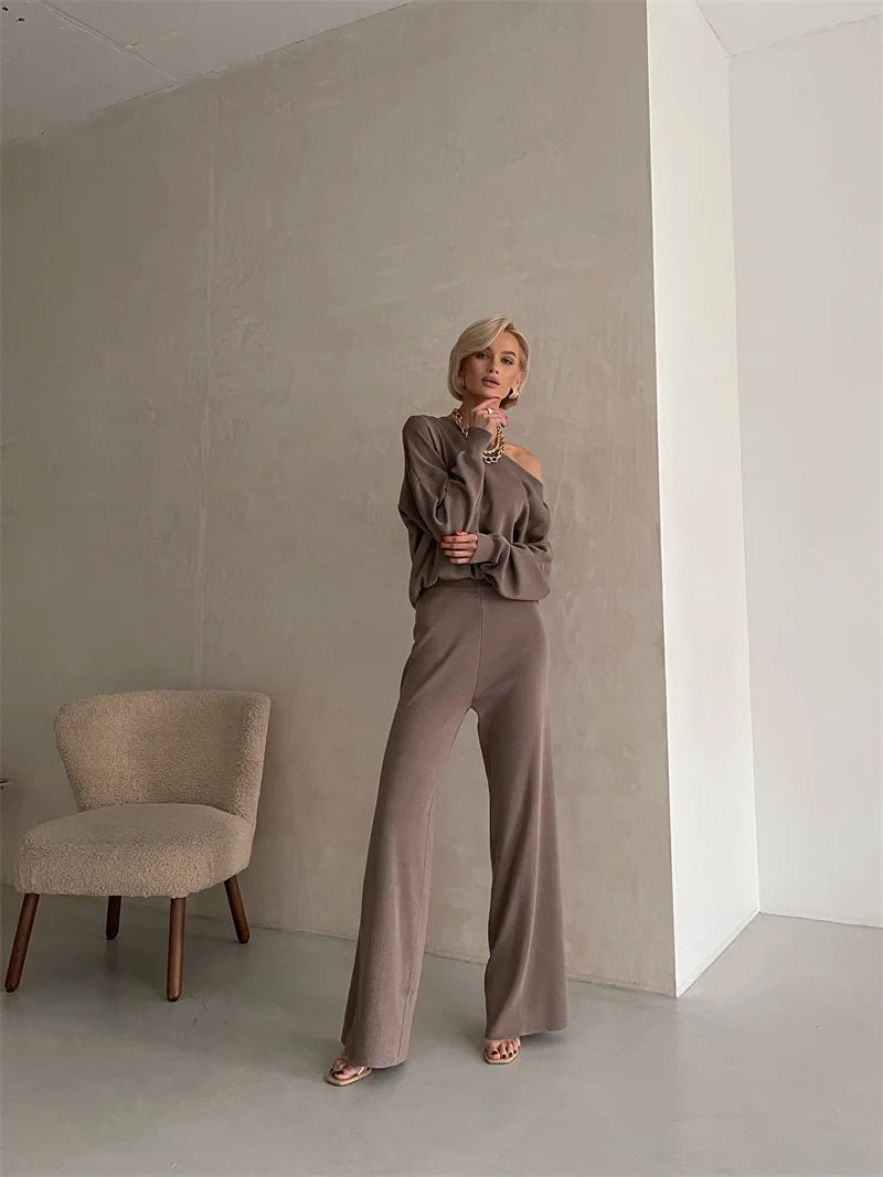 Elegant Winter Knit Pants Set Woman Sexy Loungewear 2 Piece Sweater Matching Sets Women Casual Knitted Two Piece Sets Women 2024