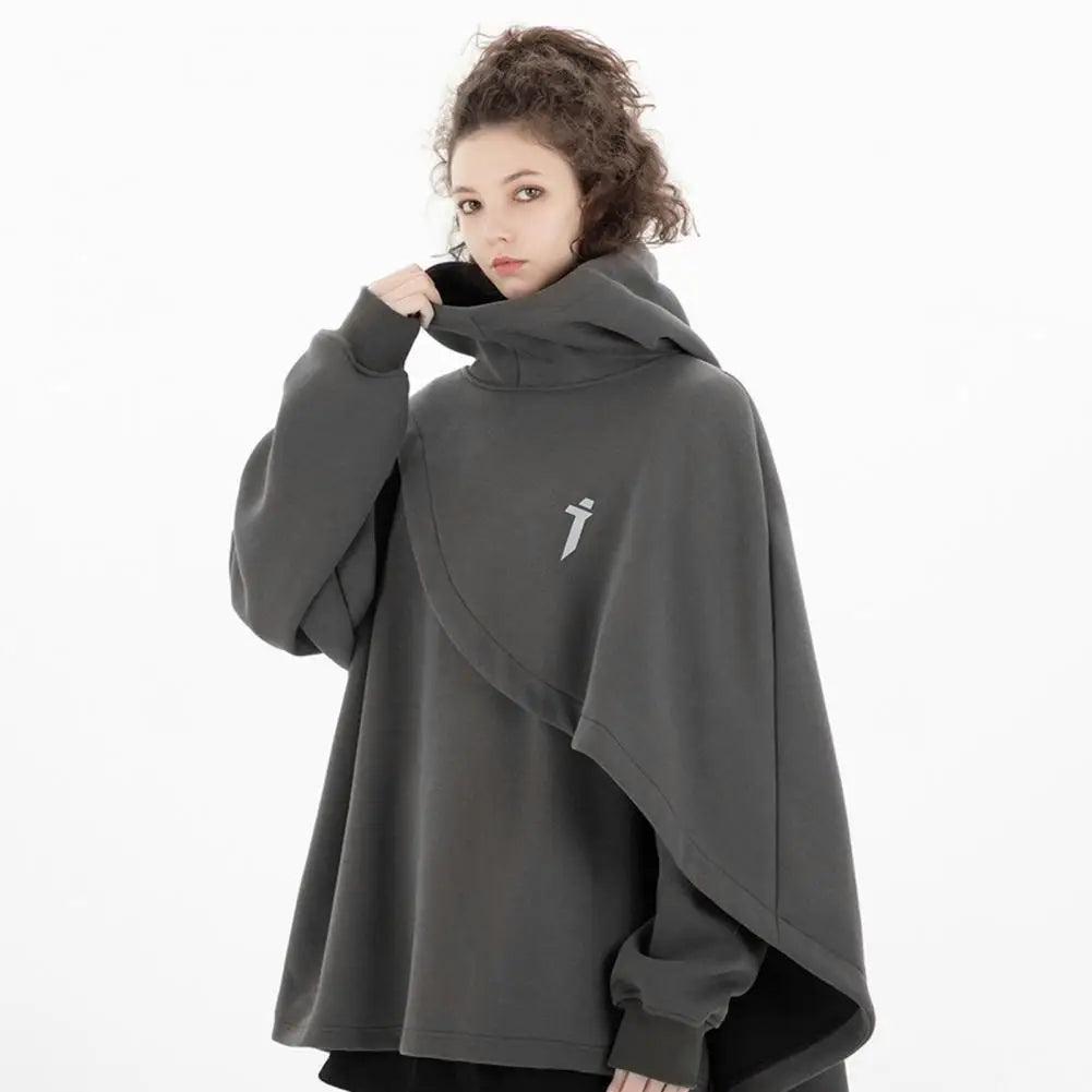 Unisex Hoodie Fake Two-piece Cape Poncho Irregular Medieval Vintage Hooded Loose Black Cloak Coats Gothic Mens Halloween Cosplay