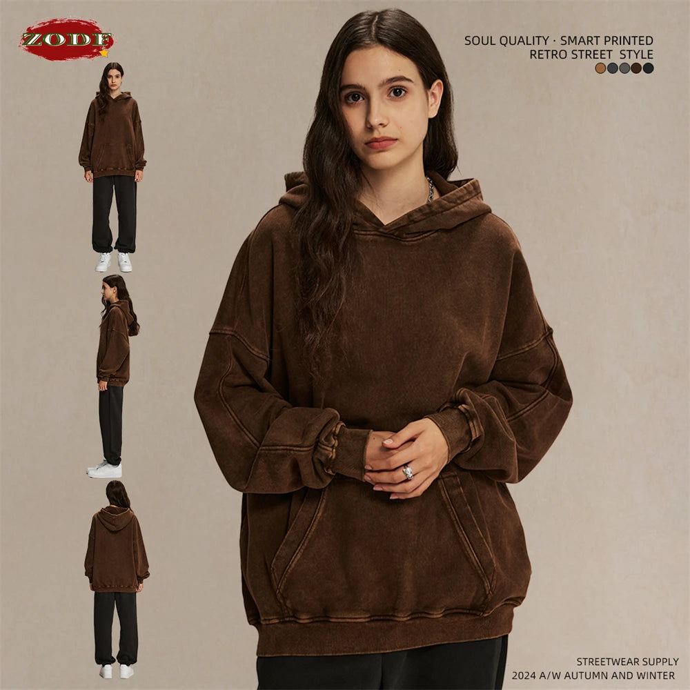 ZODF Vintage Batik Washed 420gsm Cotton Hoodies For Men Unisex Heavyweight Loose Hip Hop Hooded Sweatshirts Pullovers HY0696