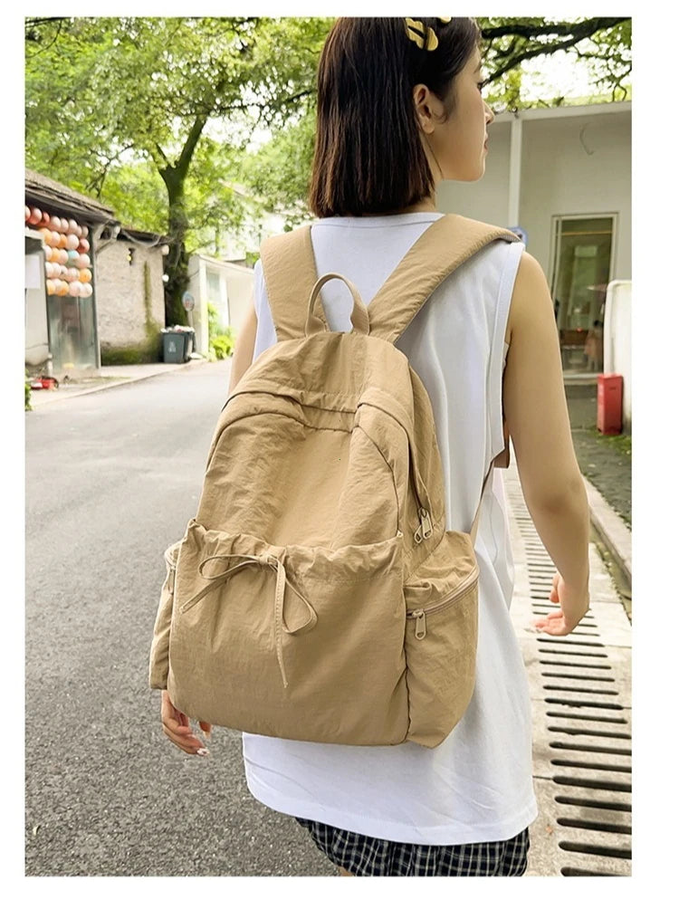 Japanese Style Student Backpack Solid Color Bow Travel School Bag Lightweight and Fashionable Women's Backpack New Simple Casual