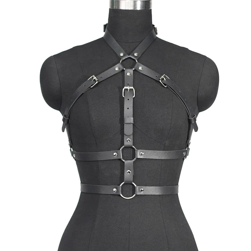 Women Punk Gothic Black PU Leather Chest‑Waist Harness Suspenders, Adjustable Decor Accessory for Rave Festival Halloween Cospla