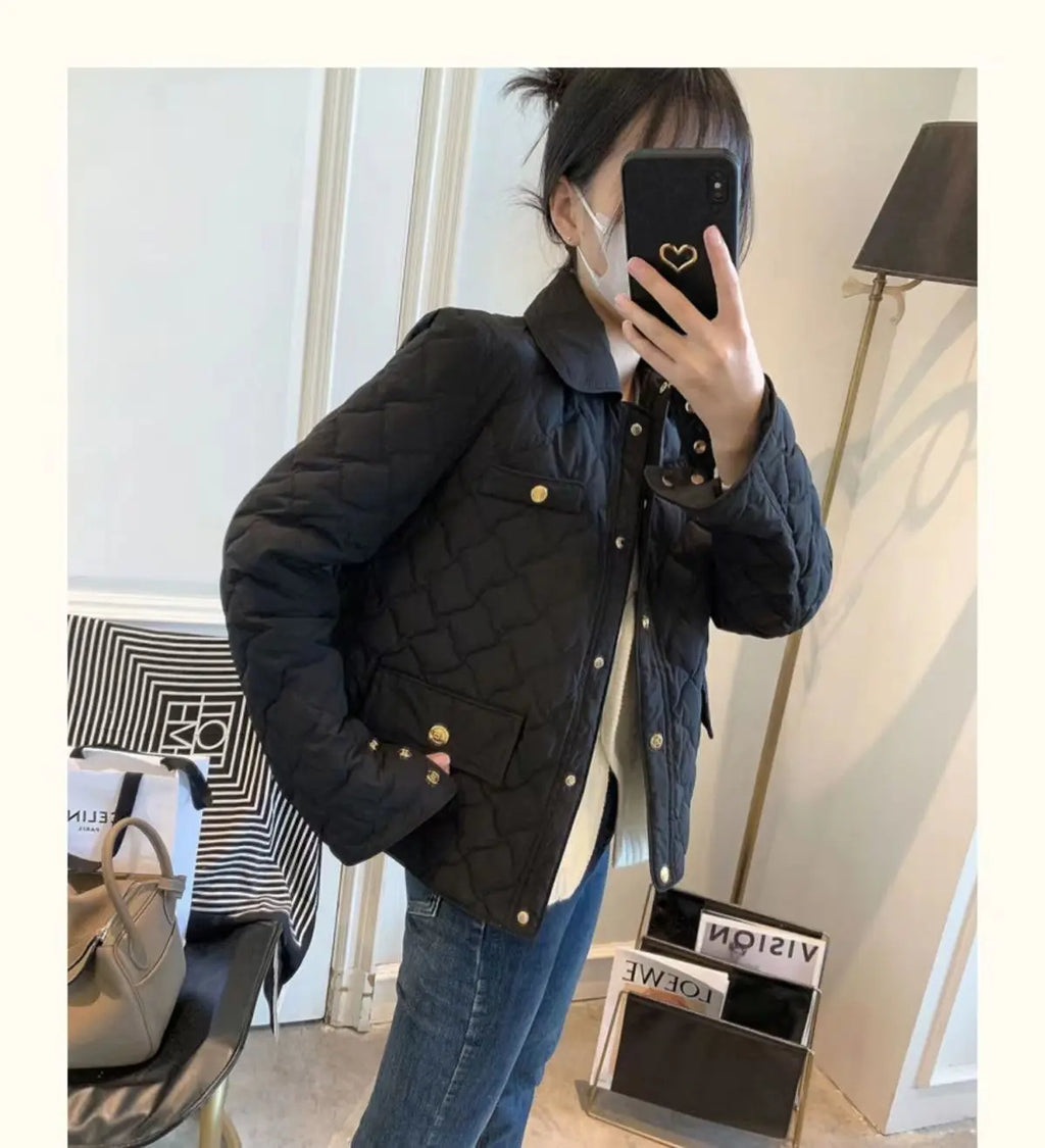 Down Cotton Jacket Women's 2025 Autumn Winter New Light And Thin European High-End sense Niche Rhombus Down Cotton Jacket Parka