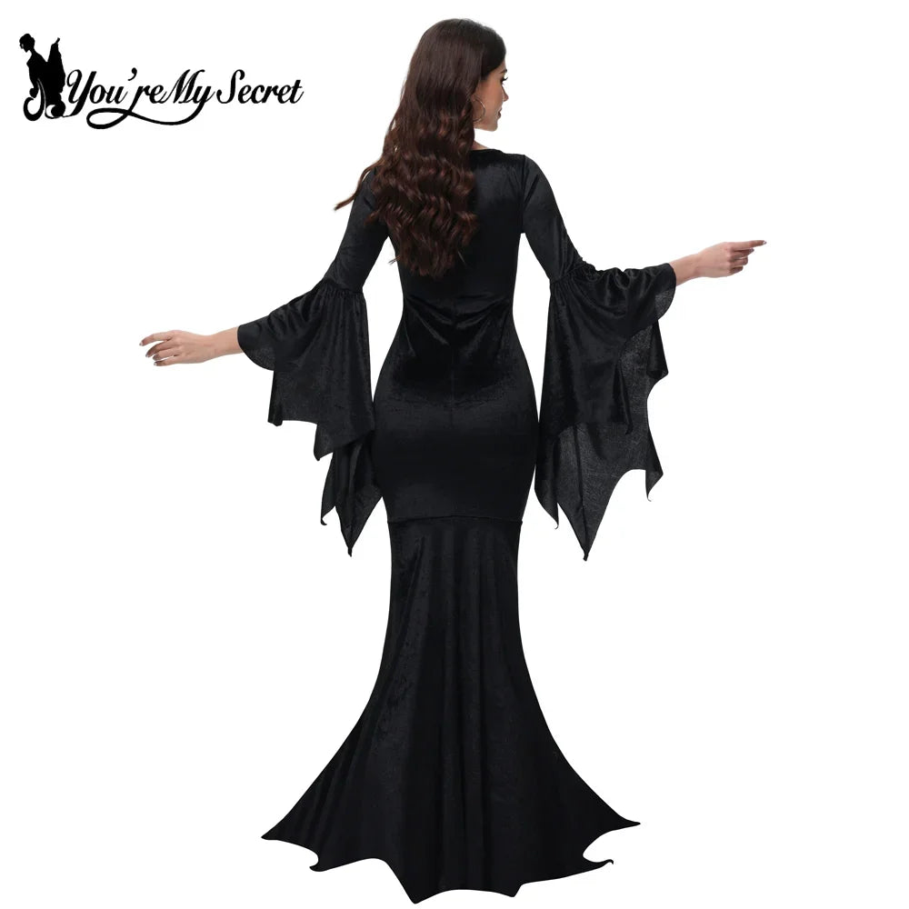 [You're My Secret] Halloween Morticia Adams Primate Black Family Dress Gothic Fishtail Dress Flared Sleeve Bodycon Vestido
