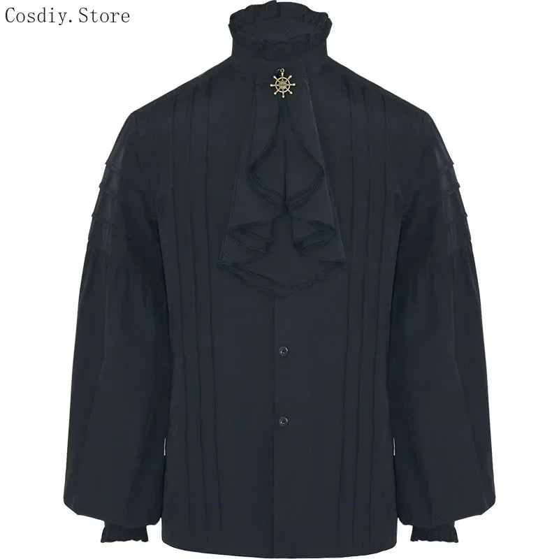 Gothic Punk Shirt Victoria Lace Ruffle Blouse Men's Jabot Tie Tops Long Sleeves Halloween Costume Vintage Tops High Neck Collar