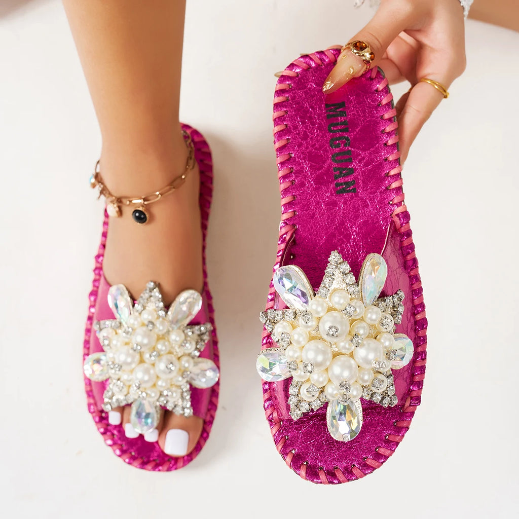 Aphixta New Gold Crystal Flower Slippers Women Summer Round Toe Shoes Outdoor Flat Heel Bling Slides Big Size43 Luxury Flip Flop
