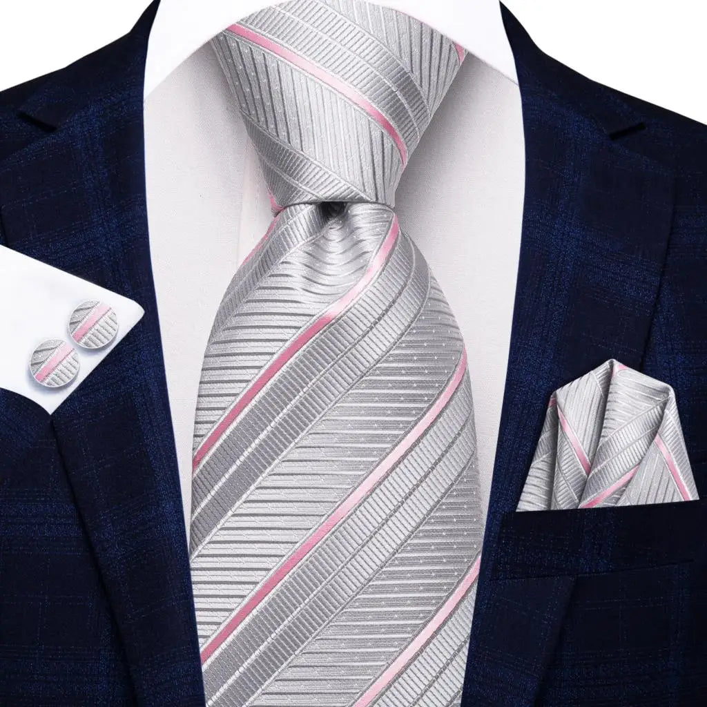 Hi-Tie White Grey Paisley 2026 New Mens Tie Hanky Cufflink Set Necktie For Men Wedding Party Business Men Tie Fashion Brand
