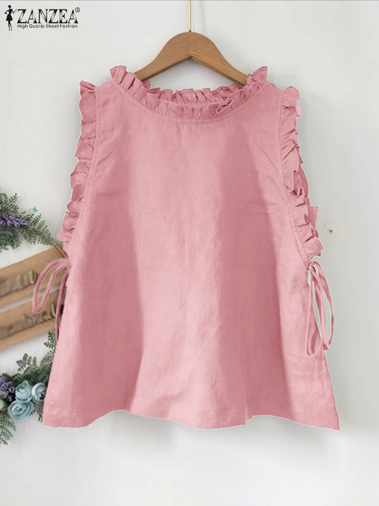 ZANZEA Women Tank Tops 2025 Summer Bandage Casual Loose Tees Sexy Sleeveless Solid Color Shirts Round Neck Ruffled Blusas Tops
