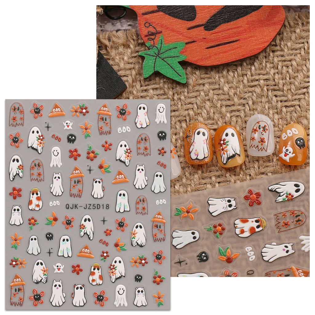 Halloween Day of the Dead 5D relief nail stickers, funny ghost pumpkin pattern nails, DIY art design nail artist supplies