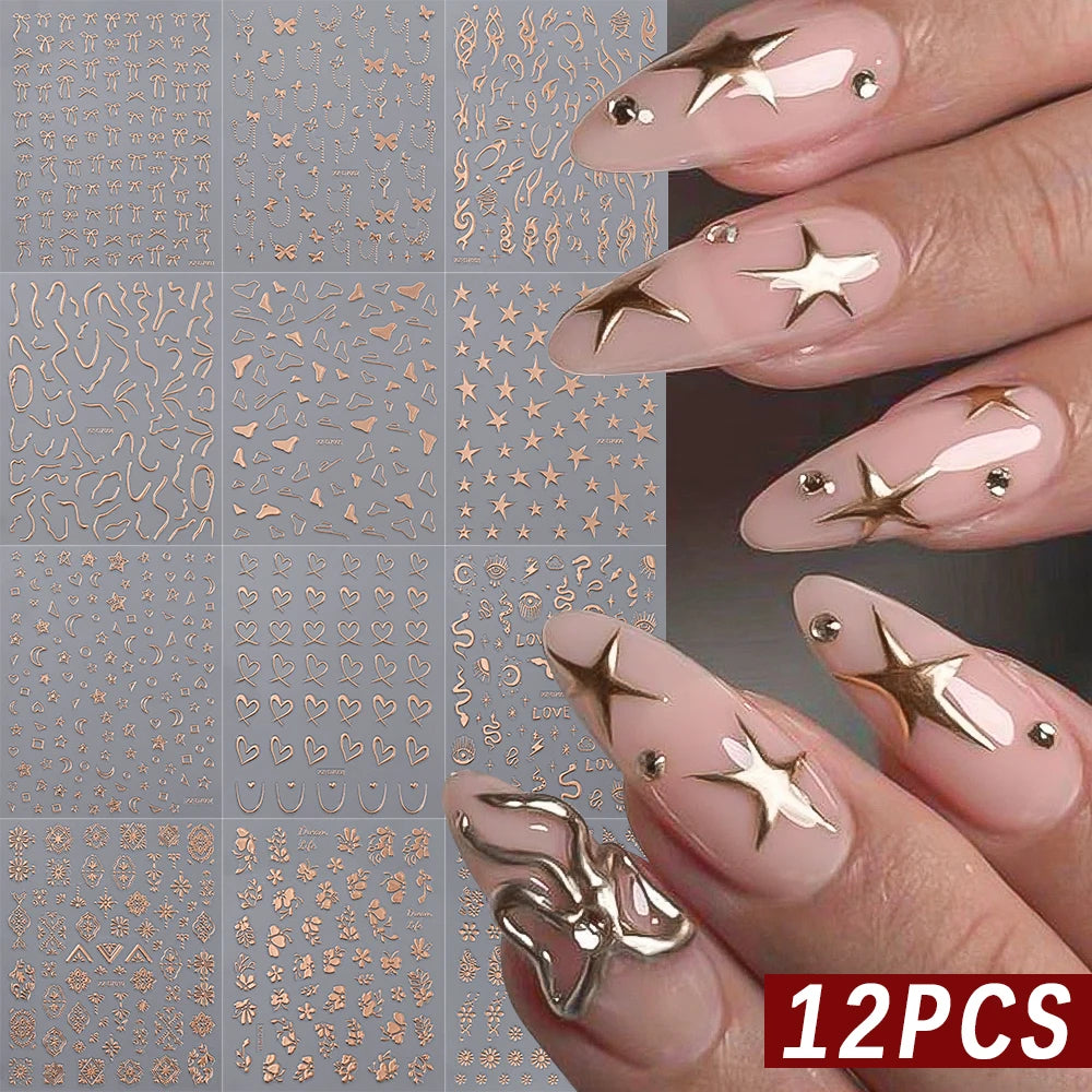 12Pcs 3D Laser Silver Star Heart Geometry Lines Nail Stickers Pentagram,Moon,Snake,Flower Slider Self-adhesive Manicure Decals＆