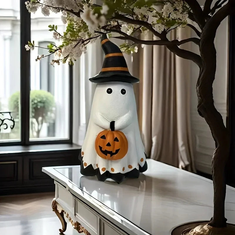 Halloween Ghost Figurine with Witch Hat Holding Pumpkin Lantern Statue Home Tabletop Ornament Spooky Party Decor Indoor Ornament