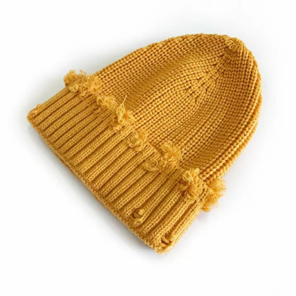 Solid Color Dilapidated Hole Knitted Hat Thickened Ear Protection Warm Cap Beanie Cap Hip-Hop Hat Unisex Pompoms Hat