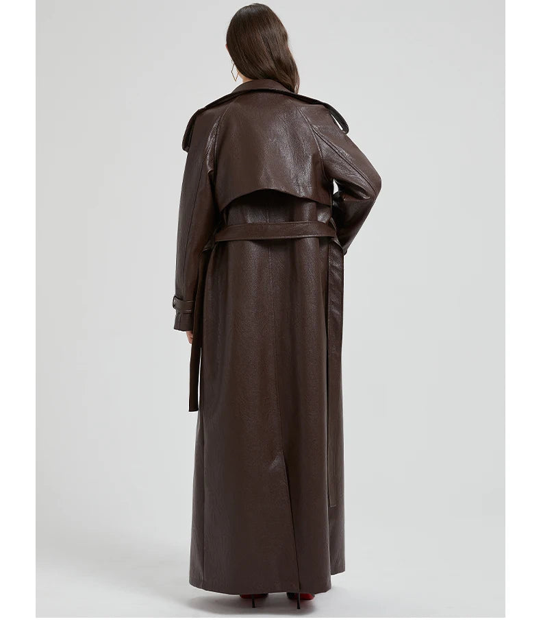 Lautaro Spring Autumn Extra Long Brown Pu Leather Trench Coat for Women Sashes Luxury Chic Overcoat Runway European Fashion 2024