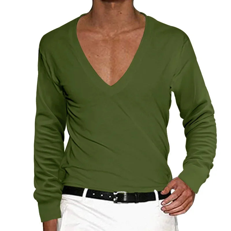 2025 Men's T-Shirt Summer Shirts Low Cut Deep V Neck Comfortable Shirt Tops Men's Long Sleeve Casual Pullover Sexy Slim Fit Tees