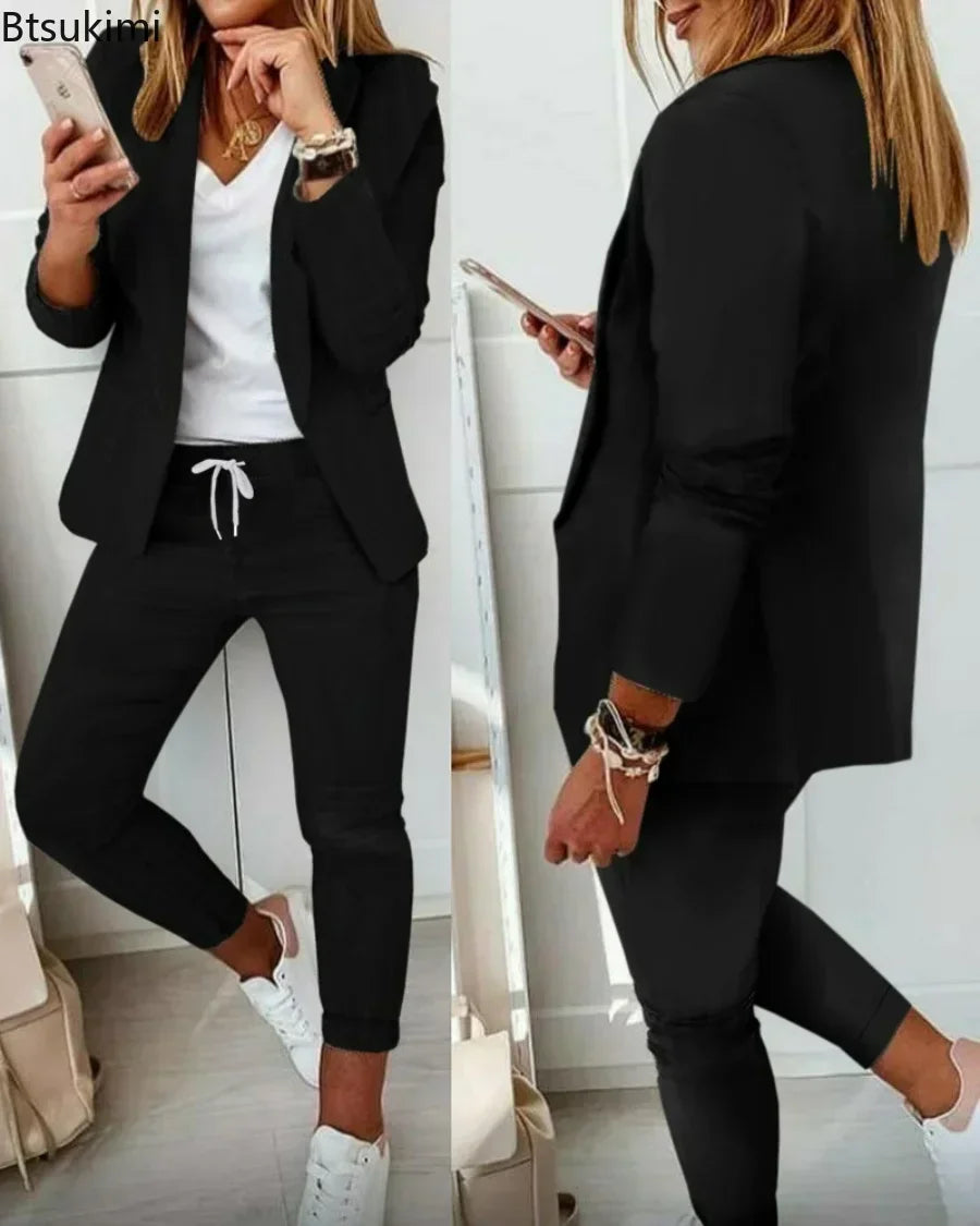 2026 Women's Formal Two Pieces Office Suit Sets Slim Blazer and Pants with Pocket Lapel Women Suits Office Sets 2PCS Tracksuit