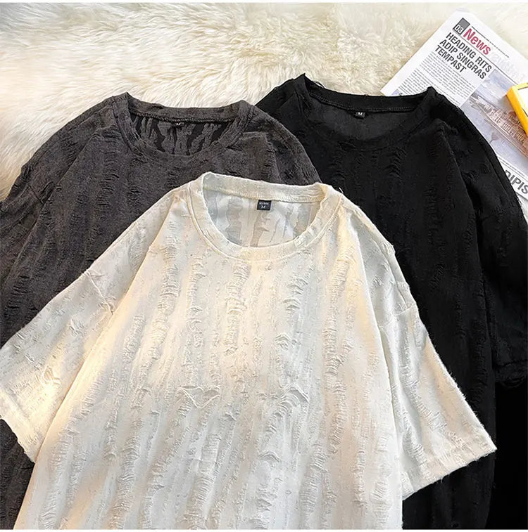 Ripped T-shirts Men Hole Y2k Tops Streetwear Summer O-neck Clothing Hip Hop Fashion Teens American Retro Vintage Футболки Baggy