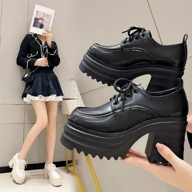 Gothic Chunky High Heels Loafers for Woman New Leather Platform Loafers Female Solid Color Thick Heeled Lolita Shoes 2024