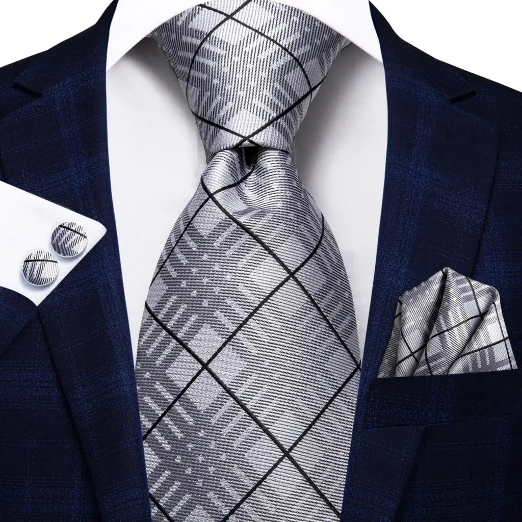 Hi-Tie White Grey Paisley 2026 New Mens Tie Hanky Cufflink Set Necktie For Men Wedding Party Business Men Tie Fashion Brand