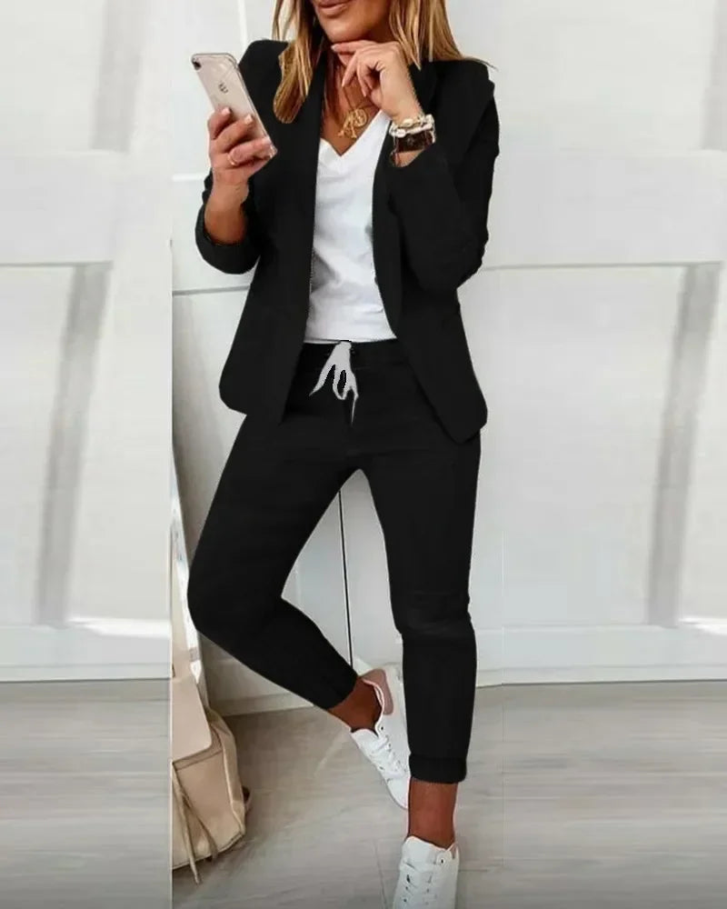 2026 Women's Formal Two Pieces Office Suit Sets Slim Blazer and Pants with Pocket Lapel Women Suits Office Sets 2PCS Tracksuit