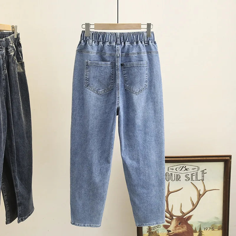 L-6XL Plus Large Size Baggy Jeans Women High Waisted Jeans Woman Mom Jeans Loose Denim Harem Pants Elastic Waist Blue