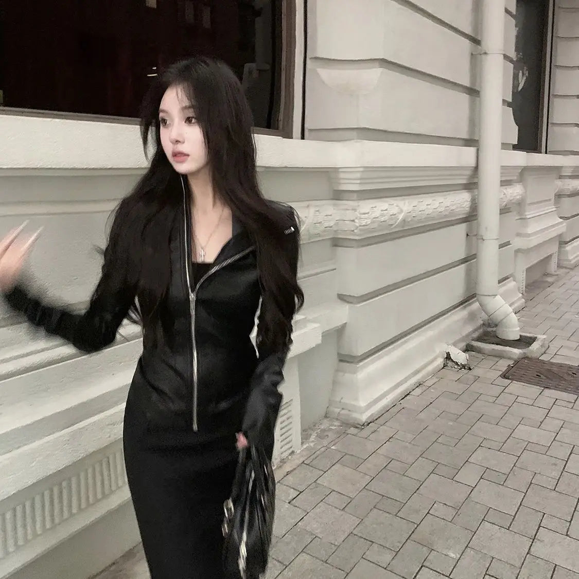 Vintage Gothic Leather Jacket Women Black Slim Zip Up Long Sleeve Tight Crop Coat Y2K Hot Girl Punk Streetwear Fashion Clothes