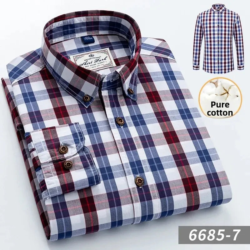 New Men's Pure Cotton Plaid Long Sleeve Shirt Spring Whole Cotton Casual Shirt Korean Style Slims Smooths Your Silhouette No Iro