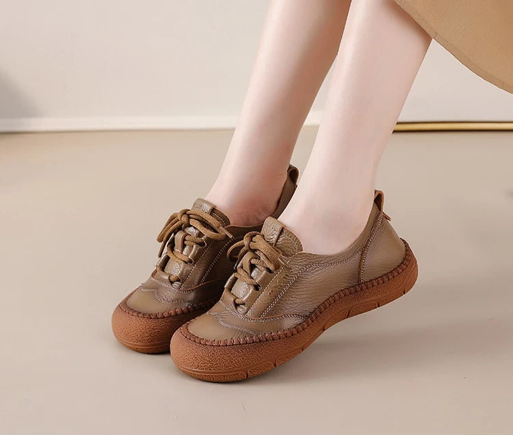 New real leather handmade shoes for women all season oxfords flats woman laced up moccasins cozy mom boat shoes round toe flats