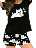Women's black dog print short-sleeved pajamas set