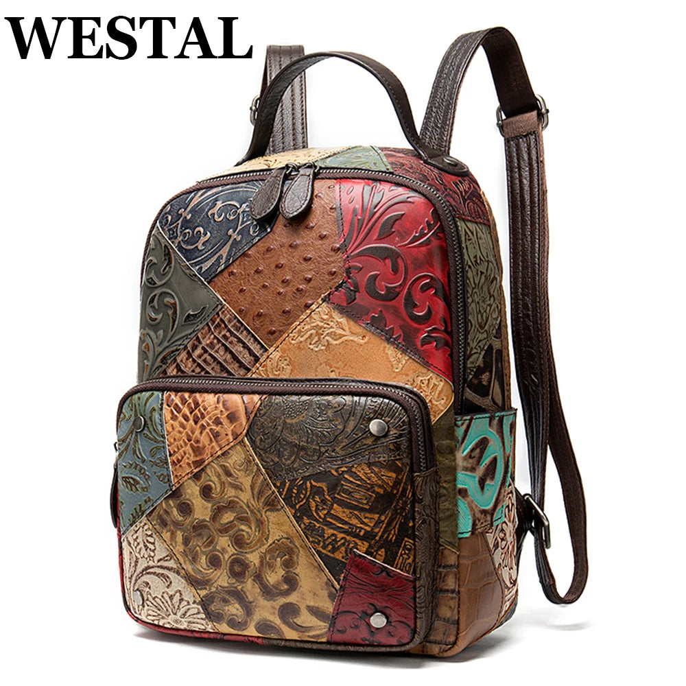 WESTAL Leather Backpack For Women School Teenage Backpack Zipper Vintage Back Pack Luxury Designer Female Handbag Patchwork Bags