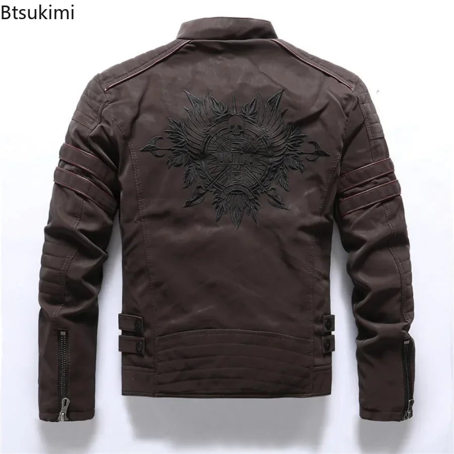 New Pilot Jackets Men's PU Jacket Fashion Casual Stand Collar Motorcycle Coats Trend Men Embroider Windbreak Warm Leather Jacket