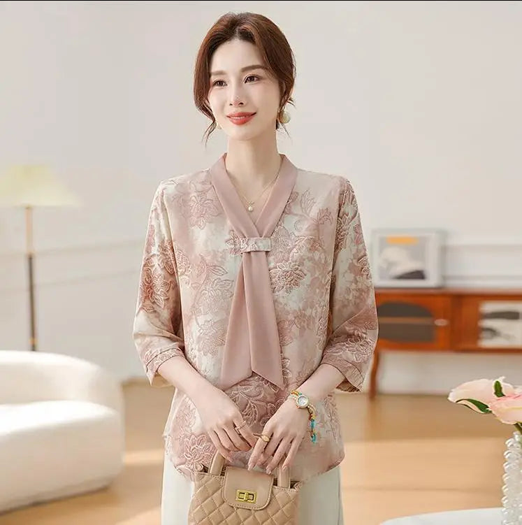 Fashion Printed Spring and Autumn shawl collar Women's Fashion Floral Checked Mid Sleeved Loose Chiffon Tops