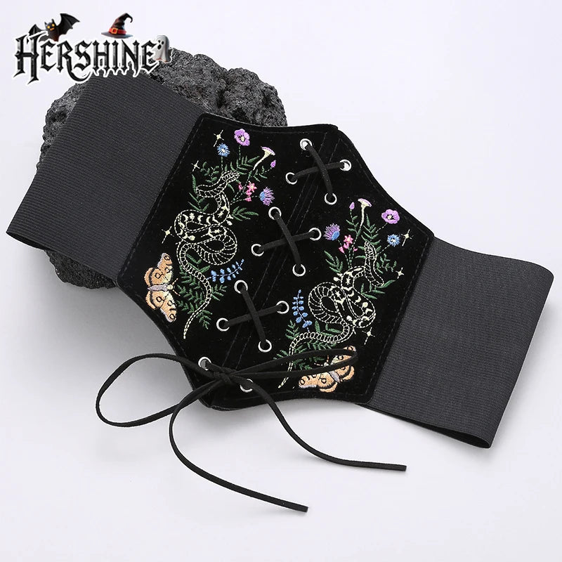 HERSHINE Women's Vintage Velvet Embroidered Elastic Wide Belt, Snake and Moth Pattern, Y2K Gothic Style,spring，summer，Christmas