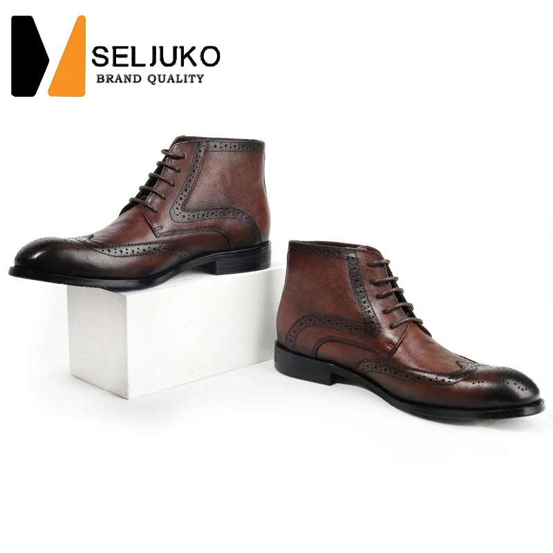 British Brock Carved Leather Boots Retro Business Formal Leather Shoes Fashion Men's Boots Cowhide Men's Short Boots