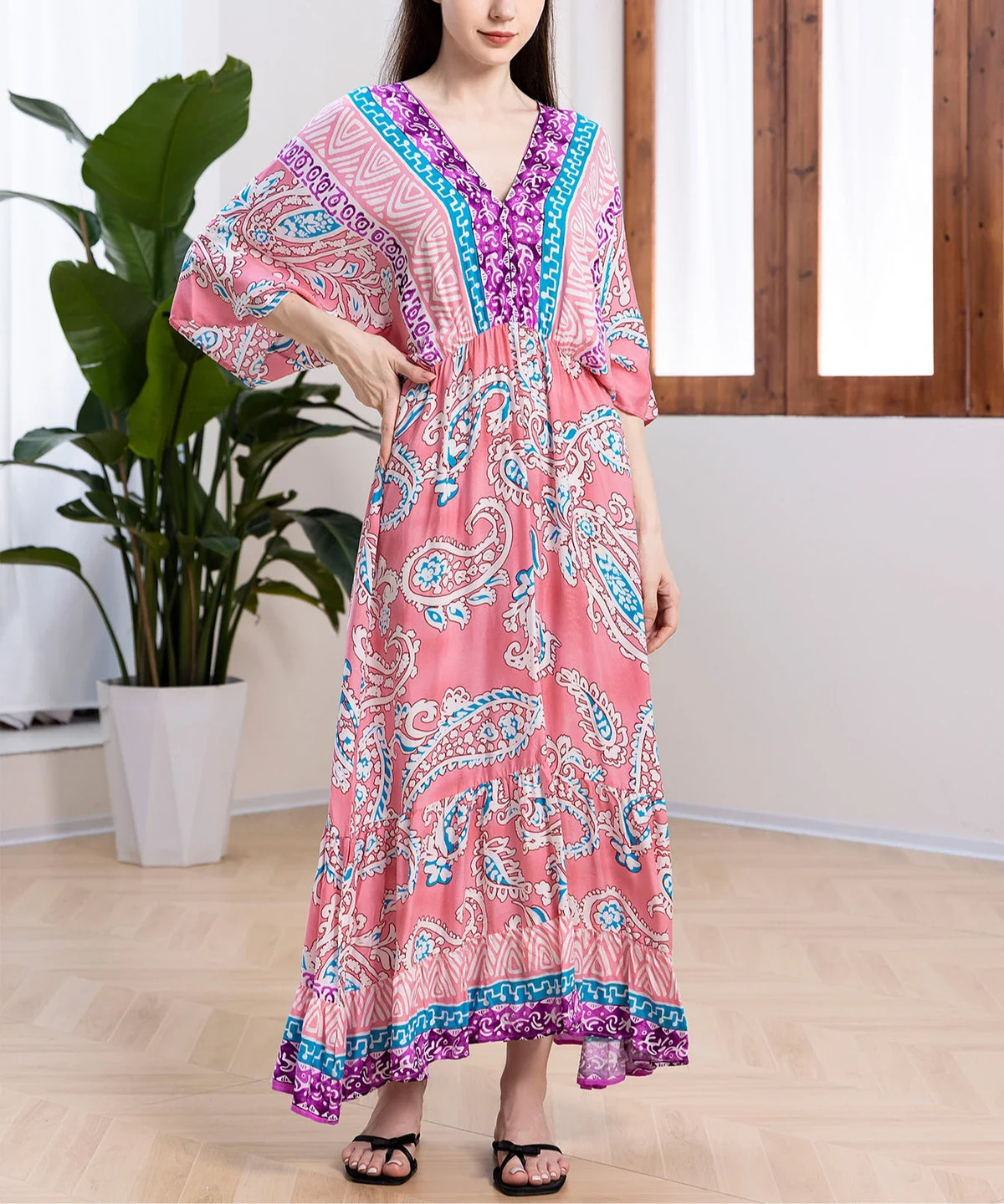 Bohemian Oversize Loose Elastic Waist Maxi Dresses Women Robe Cotton Rayon Floral Printed Long Dress Summer Boho Beach Cover up