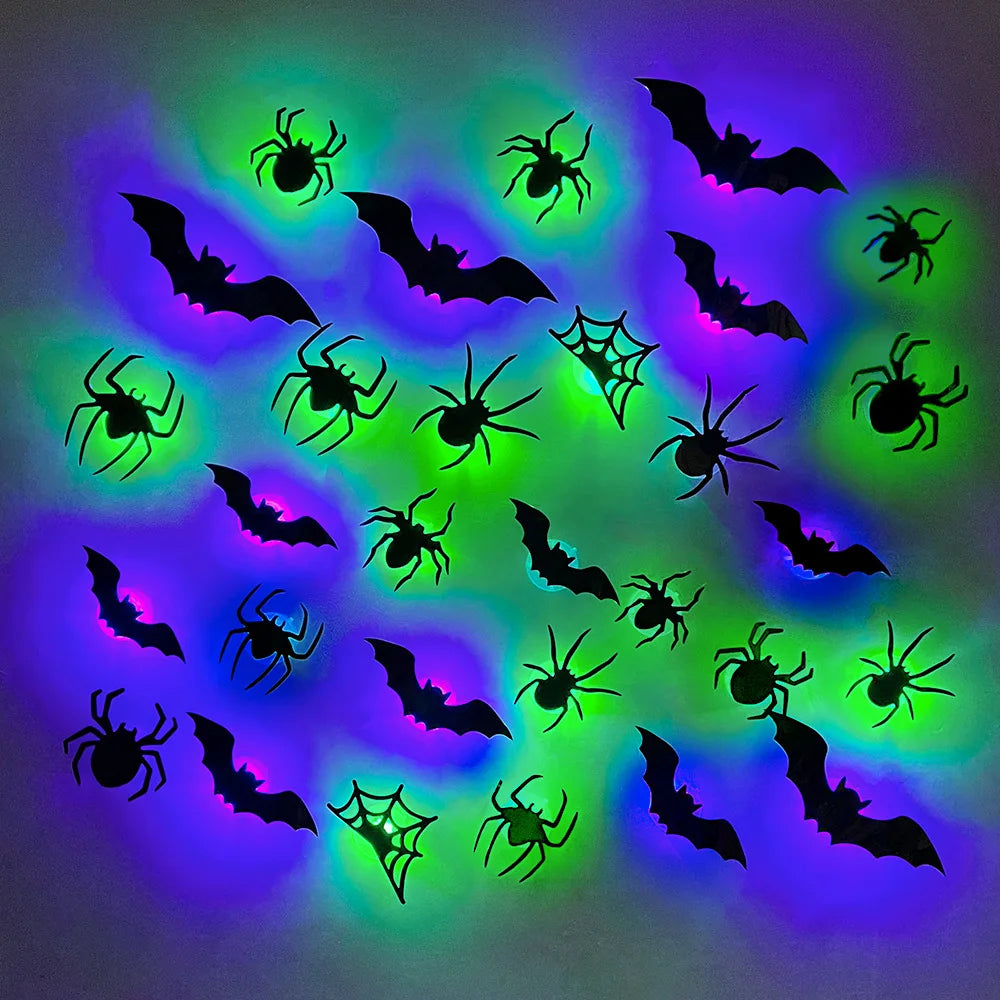 Halloween Bat/Spider Night Light 3D Purple/Green Lights Wall Sticker Self Adhesive Glow Decor for Haunted House Party Supplies