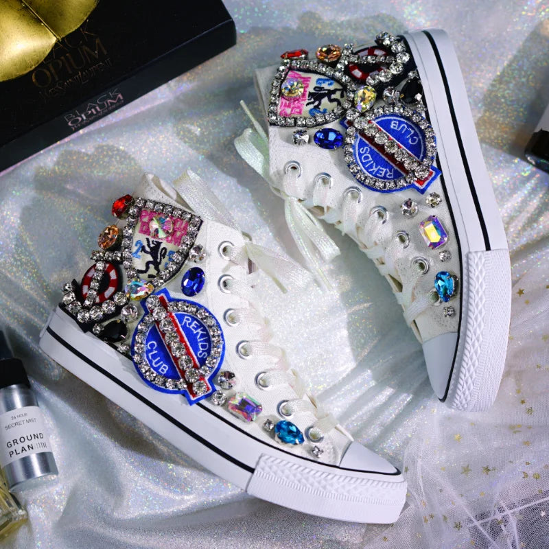 Woman Canvas Shoes Flat Platform Loafers Vulcanize Shoes Women Casual Classic Designer Brands Handmade Diamond Sneakers
