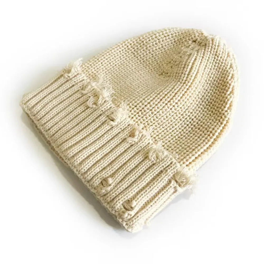 Solid Color Dilapidated Hole Knitted Hat Thickened Ear Protection Warm Cap Beanie Cap Hip-Hop Hat Unisex Pompoms Hat